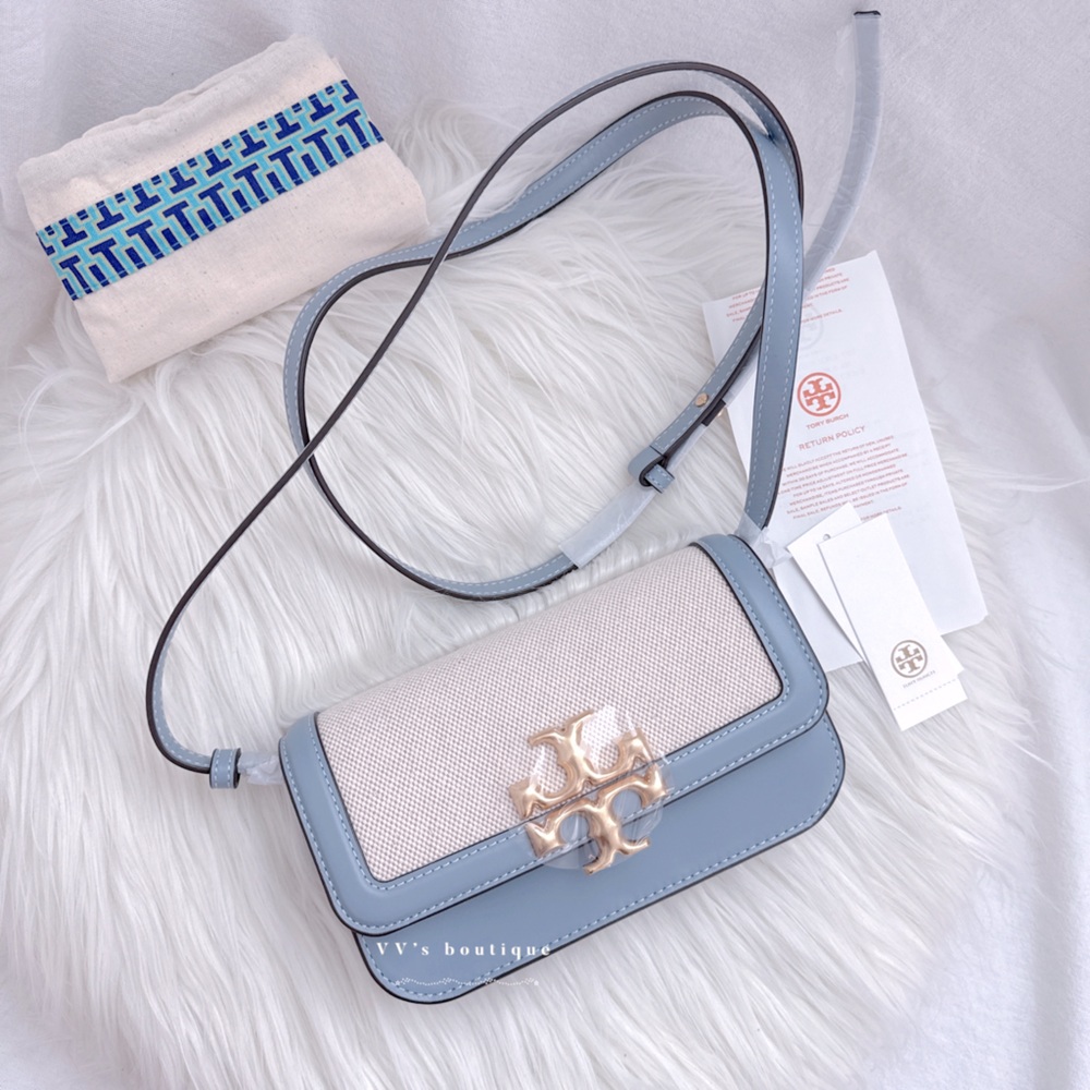 NWT Tory Burch Eleanor Canvas Phone Crossbody Leather Bag Cloud Blue 80442